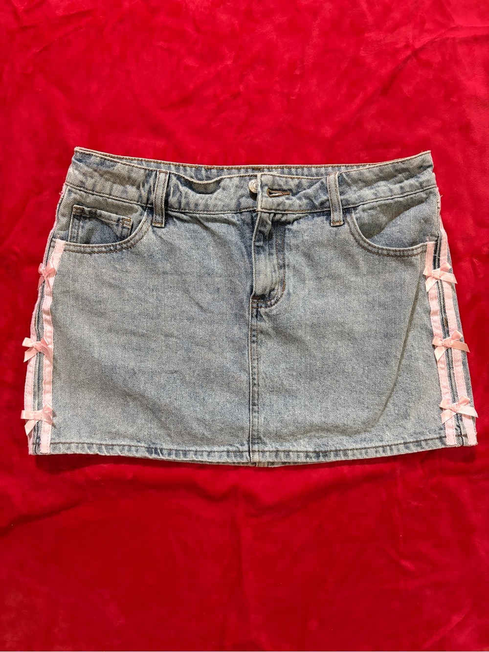 Ashley Mason Light Blue Denim Mini Skirt with Pink Ribbon Sides